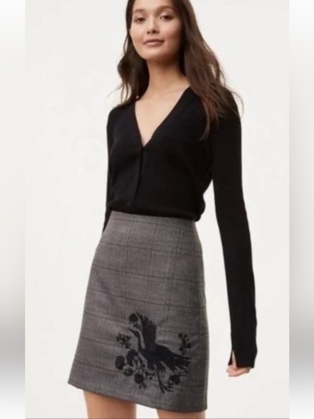 NWT LOFT Grey Plaid Embroidered Crane Bird Mini Skirt Size 6